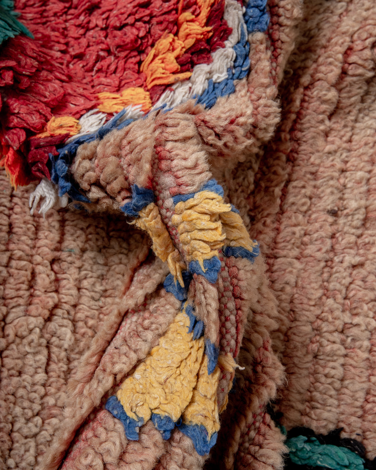 Modern, designer, handcrafted Berber rug from Morocco. Vintage carpet with beautiful colours and patterns and fluffy texture.